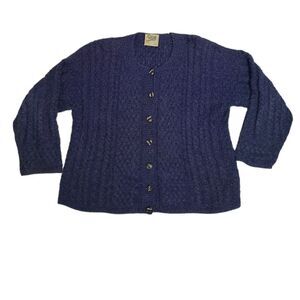 VINTAGE 80s blue Carraig Donn aran‎ cable knit button up cardigan sweater L